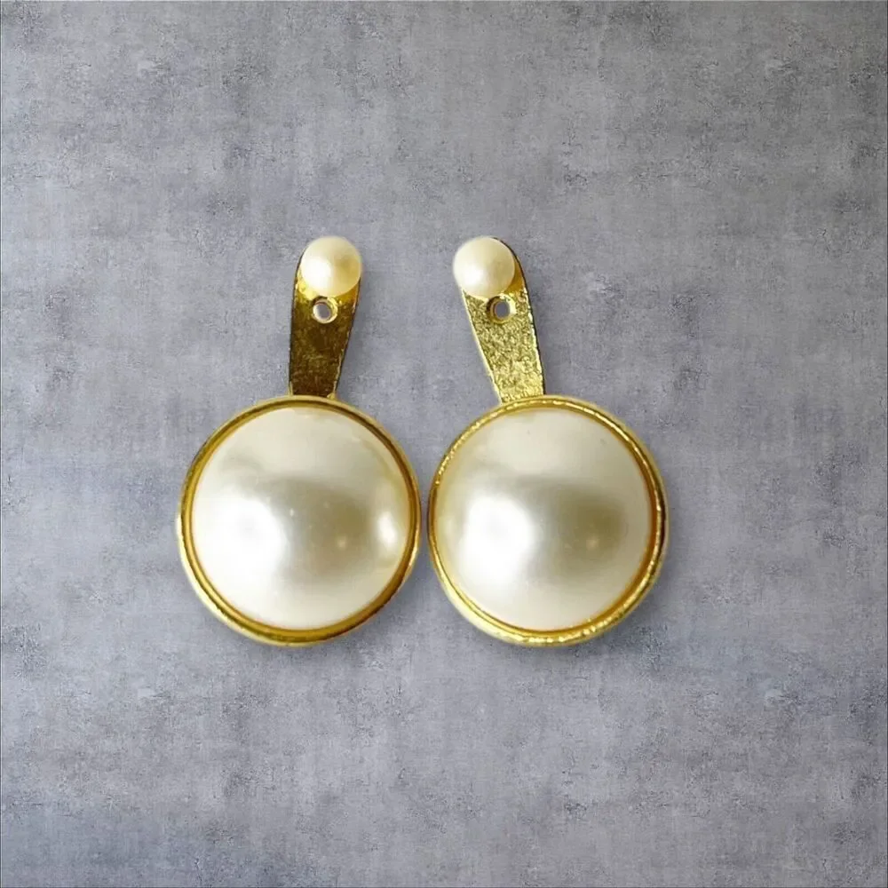 Vintage JJ Jonette Earrings Gold Tone Pearl‎ Drop 80s 90s Retro Glam